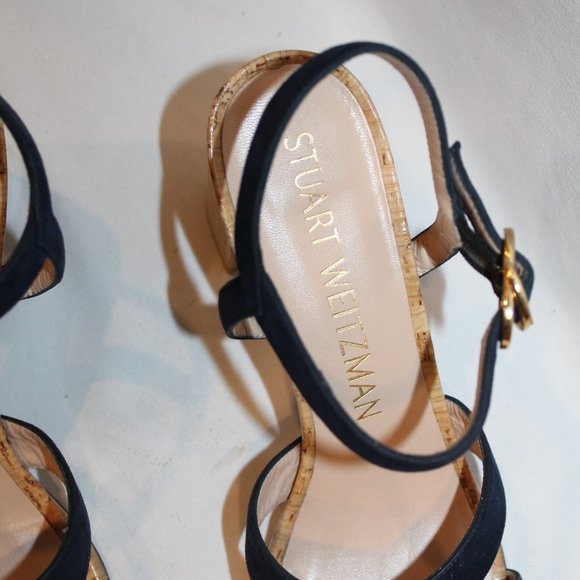 NEW STUART WEITZMAN NAVY STRAPPY SUEDE CORK SANDALS 9.5 $450 - Picture 3 of 6
